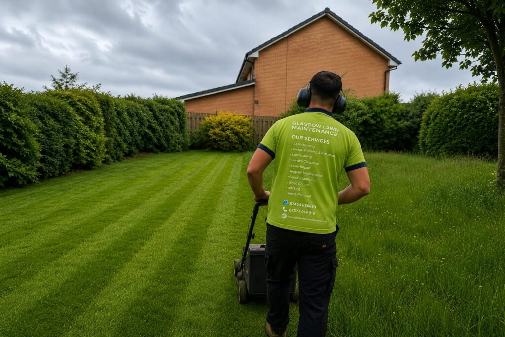 Glasgow Lawn Maintenance team member mowing a large striped lawn